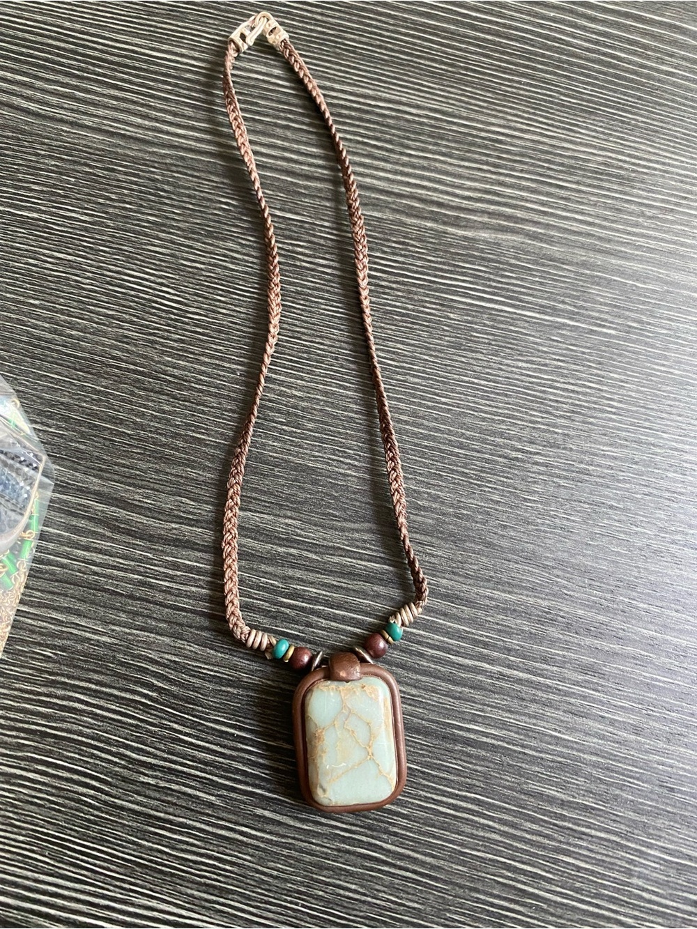 Brown Cord Necklace with Turquoise-Accented Stone Pendant